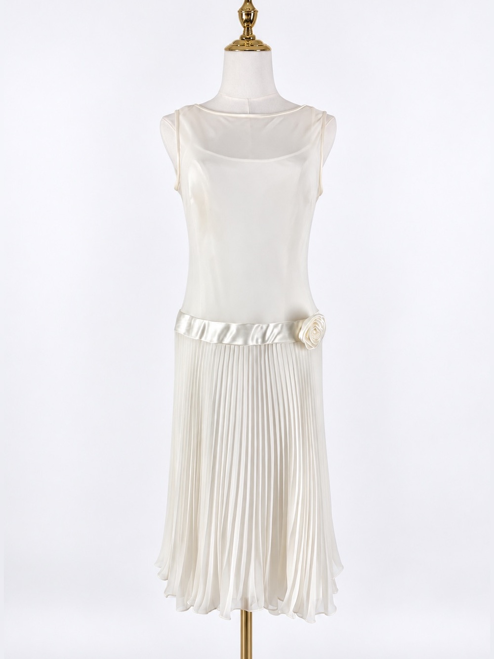 2005 Evan-Picone Ivory Drop Waist Pleated Rosette Midi Dress Size 4